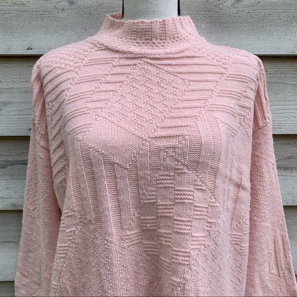 Vintage Pastel Pink Mock Neck Long Sleeve Pullover Oversize Cable Knit Sweater - Picture 7 of 16